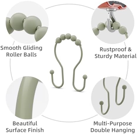 Bathway Sage Green Shower Curtain Hooks Shower Curtain Rings Rust Proof Sturdy Metal Double Shower Curtain Hooks, Shower Hooks for Shower Curtain Bathroom Shower Rod Hooks Hangers