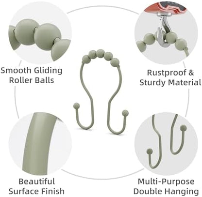Bathway Sage Green Shower Curtain Hooks Shower Curtain Rings Rust Proof Sturdy Metal Double Shower Curtain Hooks, Shower Hooks for Shower Curtain Bathroom Shower Rod Hooks Hangers