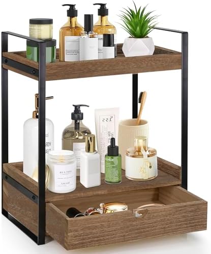 Ukonvi 2-Tier Bathroom Organizer Countertop with Drawer, Wood Counter Shelf for Storage, Vanity Tray for Organization and Decor, Countertop Organizer for Bathroom, Kitchen, Office (Dark Brown)