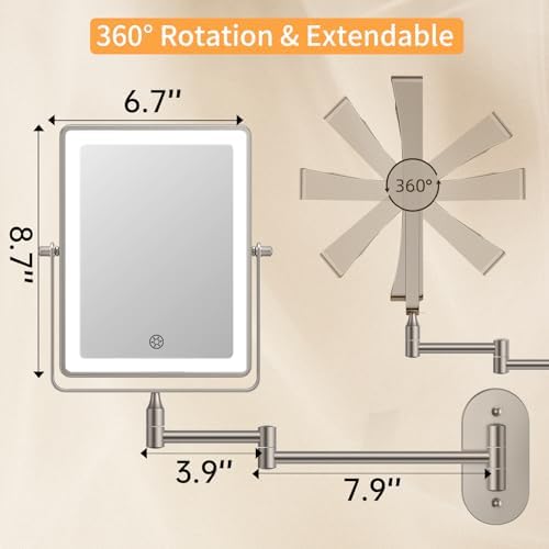 FUNTOUCH 5000mAh Rechargeable Wall Mounted Makeup Mirror with Lights