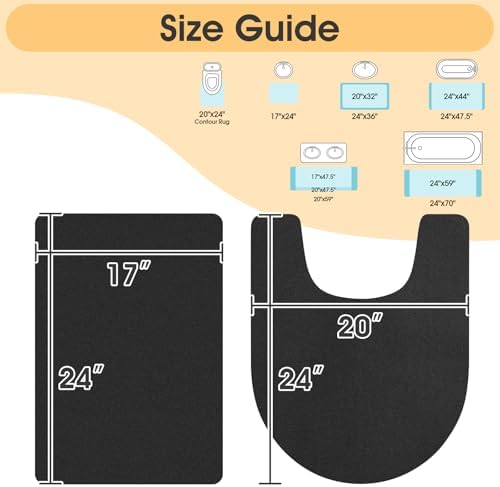 ACCUMTEK Non Slip Bath Mat, Thin Bathroom Rugs Fit Under Door, Quick Dry Bath Mats, Machine Washable Bath Rugs for Bathroom, Bathtub & Kitchen, Bathtub & Kitchen, Black/Solid/2 Piece