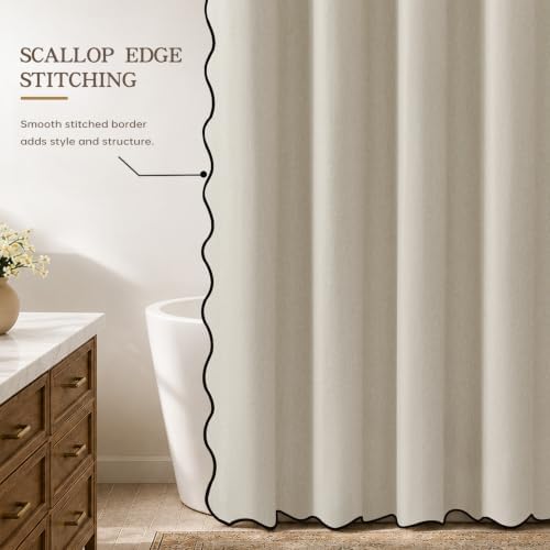 Furlinic Scalloped No Hook Shower Curtain Fabric Cute Beige Modern 48x75