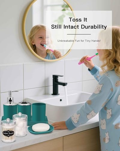 IMAVO Bathroom Accessories Set,Peacock Green Bathroom Set,9 Pieces Bathroom Accessory Set,Tray,Qtip Holders,Toilet Brush,Trash Can for Bathroom Décor and Home Gifts
