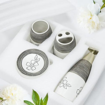 CERBIOR Bathroom Accessories Set,4 PCS Ceramic Bath Accessory,White Flower