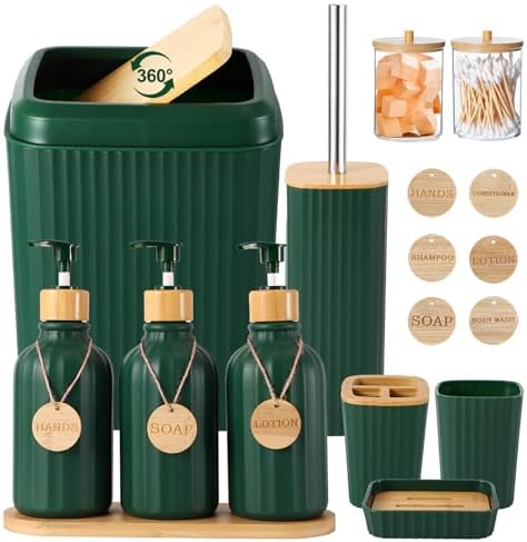 XLHOMO Bathroom Set 17PCS Bathroom Accessories with Trash Can 3PCS Lotion Soap Dispenser,Bathroom Accessories Set Green Bathroom Sets for Bathroom Decor