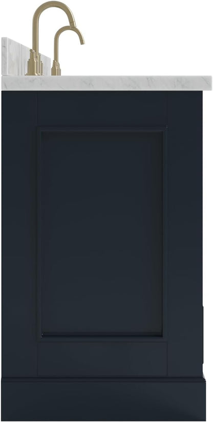 ARIEL Stafford 72-inch Bathroom Vanity with Sink,Solid Wood, 1.5-inch Italian Carrara Marble Countertop, Double Rectangular Porcelain Sink, 4 Soft Closing Doors, 6 Dovetail Drawers, Midnight Blue