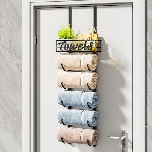 HapiRm Towel Racks for Bathroom Storage - 6 Tier Over The Door & Wall Mount Rolled Towel Storage Organizer Holder with Metal Shelf Basket for Small Bathroom, Camper, Rv - Black, Patented
