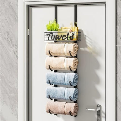 HapiRm Towel Racks for Bathroom Storage - 6 Tier Over The Door & Wall Mount Rolled Towel Storage Organizer Holder with Metal Shelf Basket for Small Bathroom, Camper, Rv - Black, Patented