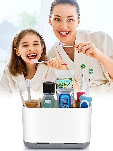 GFWARE Toothbrush Holders for Bathrooms - Bamboo Divider Toothbrush and Toothpaste Holder with Drainage, Kids Electric Toothbrush Organizer for Bathroom Countertop, White Tooth Brush Holder