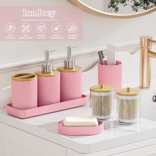 10PC Bathroom Accessories Set - Pink and Wooden Bathroom Sets