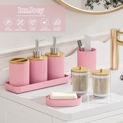 10PC Bathroom Accessories Set - Pink and Wooden Bathroom Sets