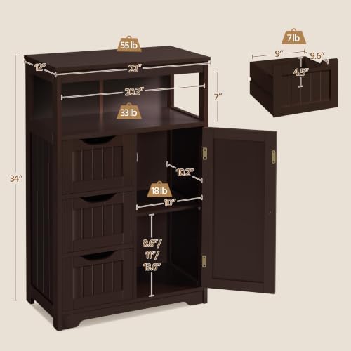 Yaheetech Freestanding Bathroom Storage Cabinet with 3 Drawers, Espresso