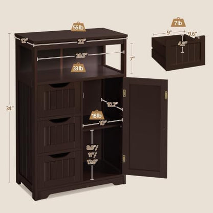Yaheetech Freestanding Bathroom Storage Cabinet with 3 Drawers, Espresso