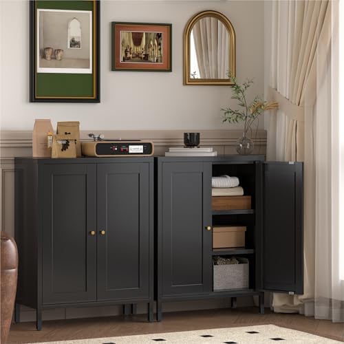 YAUWOH Small Metal Cabinet,Bathroom Storage Cabinet with 2 Adjustable Shelves and 2 Doors,Freestanding Sideboard for Small Spaces, Living Room, Home Office, Dining Room(1PC,Black)