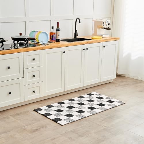 CozeCube Jet Black Checkered Bath Mat 32"x20" Non Slip Washable Rug