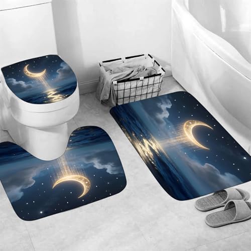 LQCOOL 4Pcs Moon Shower Curtain Set Blue and Gold Sea Bathroom Sets for Bathroom with Rugs Shower Curtain with 12 Hooks