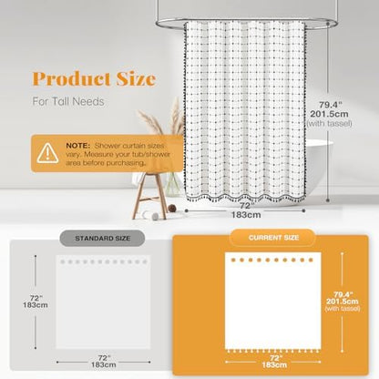 BTTN 72x78 Boho Farmhouse Linen Fabric Shower Curtain Set, White and Black