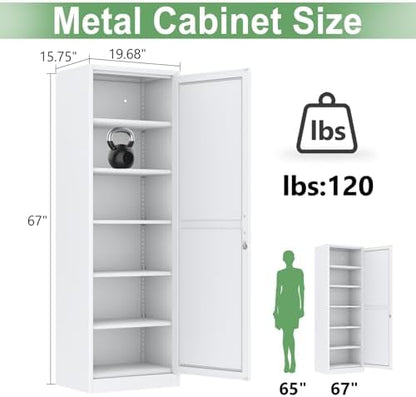 Ckzbx Metal Locker Tall Narrow Storage Cabinet, 67" H Locking Tool File Cabinets Snack Locker Organizer for School Classroom,Bedroom,Gym Home Office,Entryway and Hallway (20" W 1Door White)