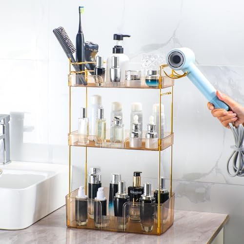 Akinbas 3 Tier Bathroom Organizer Countertop Makeup Perfume Tray Skincare Organizer Comes with Hair Dryer Rack and Toothbrush Holder for Bathroom Dresser Vanity (Gold)