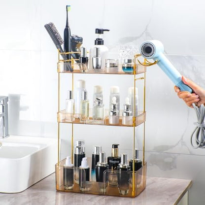 Akinbas 3 Tier Bathroom Organizer Countertop Makeup Perfume Tray Skincare Organizer Comes with Hair Dryer Rack and Toothbrush Holder for Bathroom Dresser Vanity (Gold)