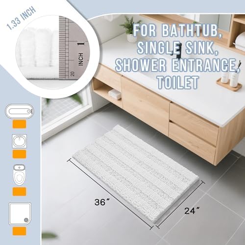 Yimobra Bathroom Rug Mat 36 x 24, Non Slip and Super Absorbent Bath Mat,Machine Washable Quick Dry,Ultra Plush Chenille Shower Rugs for Bathroom Floor Sink Tub and Shower Outside,White