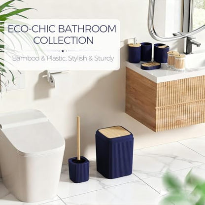 Navy Blue Bathroom Accessories Set, Bathroom Set with Shower Curtain and Rugs, Trash Can, Toilet Brush with Holder, Soap Dispenser, Toothbrush and Toothpaste Holder, Cup, Soap Dish, Qtip Holders