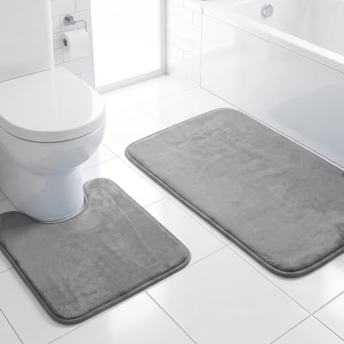 H.VERSAILTEX Bath Mat Memory Foam Bathroom Rug Flannel Velvety Luxury Extra Soft and Absorbent Non Slip Rugs for Bathroom/Bedroom Washable (Curved Set 24"x 36" Plus 20"x 24" Grey)