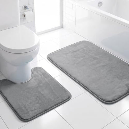 H.VERSAILTEX Bath Mat Memory Foam Bathroom Rug Flannel Velvety Luxury Extra Soft and Absorbent Non Slip Rugs for Bathroom/Bedroom Washable (Curved Set 24"x 36" Plus 20"x 24" Grey)