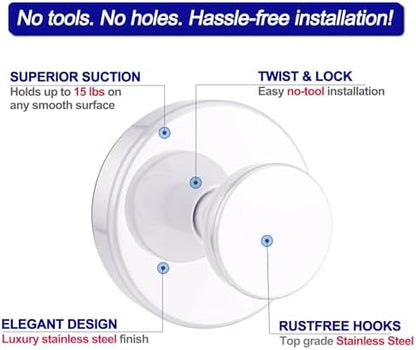 Bntuk Suction Cup Hooks for Shower, Removable Towel Hooks for Bathroom Window Glass Door Wall, Bath Robe Looafh Hook for Hanging - 2 Pack, White