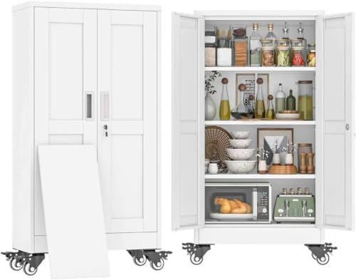 47" Metal Garage Storage Locker Cabinet with Wheels,Rolling White Kitchen Pantry Cabinet with 2 Doors and 3 Adjustable Shelves, Steel File Tool Cabinet for Home Office Living Dinning Room Warehouse