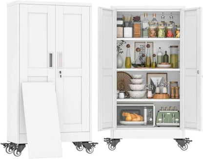 47" Metal Garage Storage Locker Cabinet with Wheels,Rolling White Kitchen Pantry Cabinet with 2 Doors and 3 Adjustable Shelves, Steel File Tool Cabinet for Home Office Living Dinning Room Warehouse
