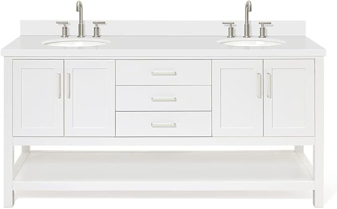 ARIEL Magnolia 72-inch Bathroom Vanity with Sink,Solid Wood, 1.5-inch Pure White Quartz Countertop & Backsplash, Double Rectangular Porcelain Sink, 4 Soft Closing Doors, 3 Dovetail Drawers, White