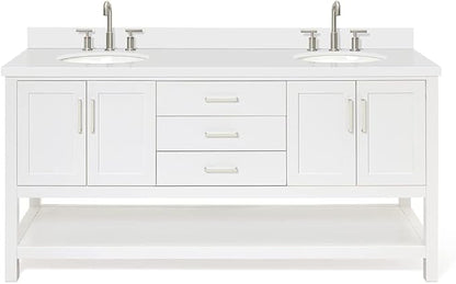 ARIEL Magnolia 72-inch Bathroom Vanity with Sink,Solid Wood, 1.5-inch Pure White Quartz Countertop & Backsplash, Double Rectangular Porcelain Sink, 4 Soft Closing Doors, 3 Dovetail Drawers, White