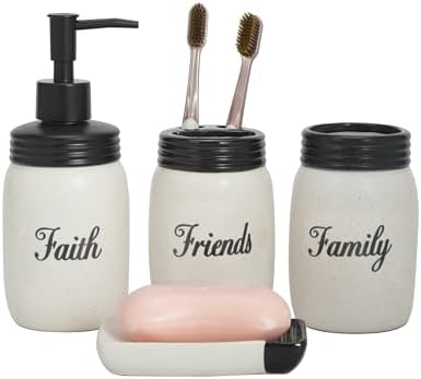 Mason jar Bathroom Accessories Set with Sweet Quote Ceramic Bathroom Tooth Brush Holder 4pc Set Farmhouse Bathroom Gift and Decor (Faith Family Friends)