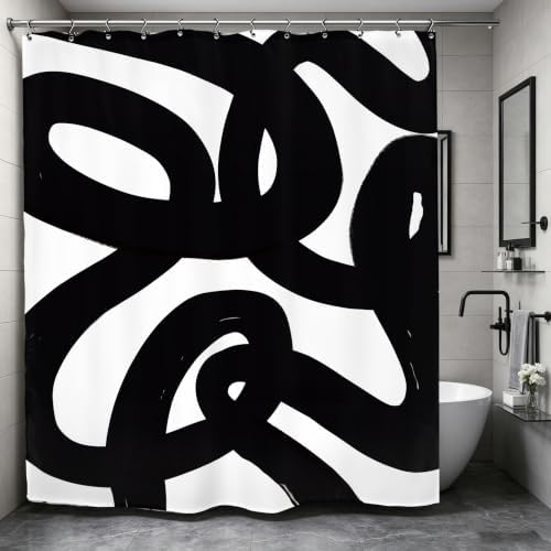 Abstract Black White Shower Curtain 60Wx72L Inch Modern Minimalist Geometric Contemporary Geometric Line Neutral Simple Bathroom Set Accessories Decor with 12 Pack Hooks