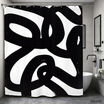 Abstract Black White Shower Curtain 60Wx72L Inch Modern Minimalist Geometric Contemporary Geometric Line Neutral Simple Bathroom Set Accessories Decor with 12 Pack Hooks