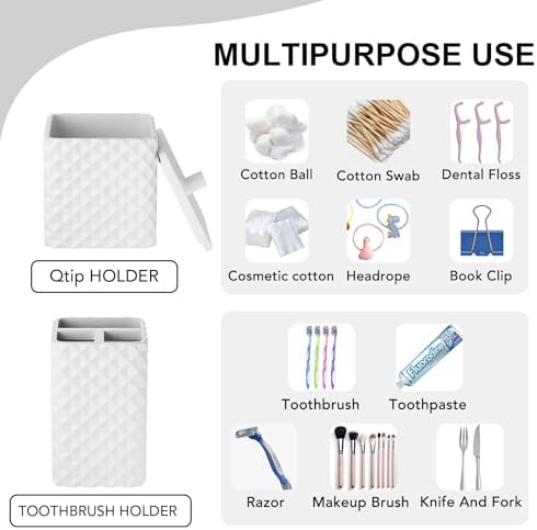 Bathroom Accessories Set Resin 6PCS, Square Toothbrush Holders Set Complete with Soap Dispenser, Vanity Tray, Tumbler, Cups and Cotton Swab Jars (White Diamond, Resin Bath 6 PCS)