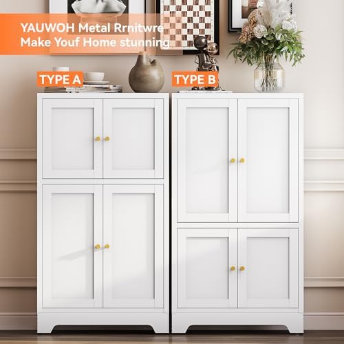 YAUWOH White Bathroom Floor Cabinet, Metal Storage Cabinet with 2 Adjustable Shelves & 4 Doors,Freestanding Sideboard for Dining Room,Living Room, Home Office