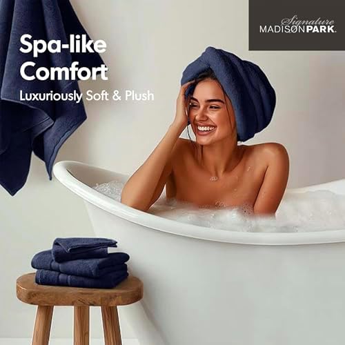 Madison Park 800GSM 100% Cotton Bathroom Bath Towel Set of 8, Dark Navy