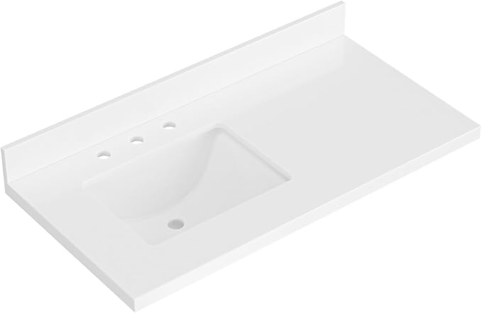 ARIEL 43 inch Bathroom Vanity top with Sink, 1.5 Inch Thick Miter Edge White Quartz top, Left Offset Vanity top with Rectangle Porcelain Sink, Includes Backsplash
