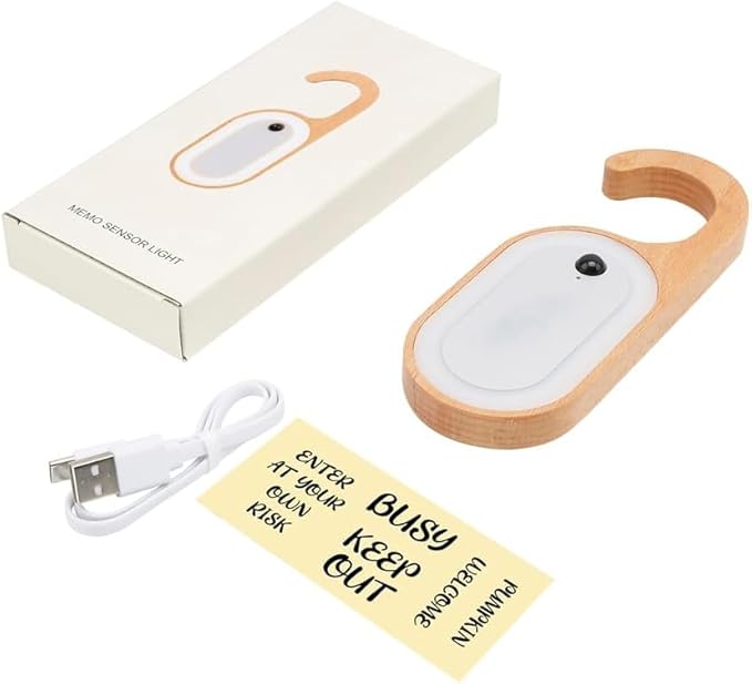 Motion Sensor LED Night Light, Wooden Door Lock Light with Touch Switch, Battery Powered, White and Beech