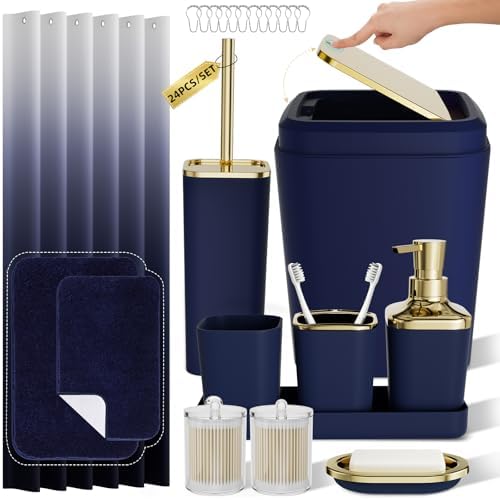 XLHOMO Bathroom Accessory Set - 24PCS Luxury Bathroom Accessories Set, Bathroom Sets with Shower Curtain and Rugs, Blue Bathroom Set with Trash Can, Toothbrush Holder & Soap Dispenser for Home Decor