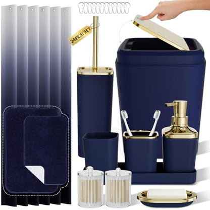 XLHOMO Bathroom Accessory Set - 24PCS Luxury Bathroom Accessories Set, Bathroom Sets with Shower Curtain and Rugs, Blue Bathroom Set with Trash Can, Toothbrush Holder & Soap Dispenser for Home Decor