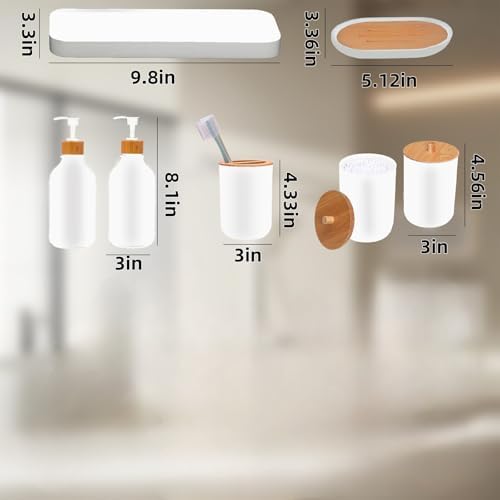 Matte White Bathroom Accessories Set 7 Pcs,Bamboo Bathroom Accessories Sets,White Soap Dispenser and Toothbrush Holder Set,Qtip Holder,Vanity Tray,Soap Dish,Modern Bathroom Decor