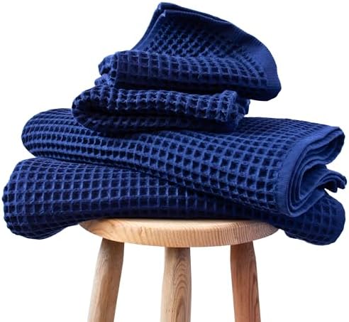 PÜSKÜL Natural 100% Turkish Cotton Waffle Towels Set of 4-Piece, Navy Blue