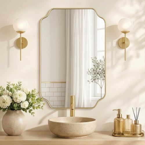 Besdomus Gold Modern Bathroom Mirror: 24"x36" Minimalist Vanity Wall Mirror