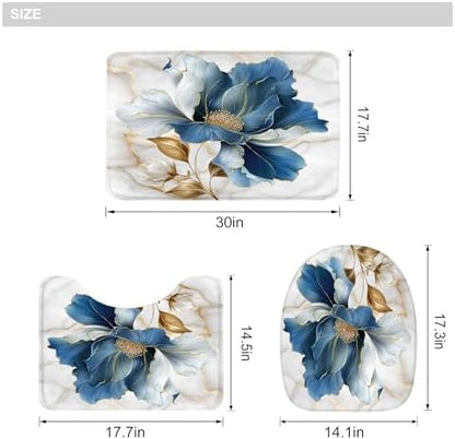 Blue Gold Floral Abstract Modern 4Pcs Bathroom Shower Curtain Set with Rugs