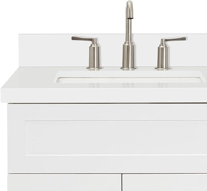 DKB Bradford 60" White Double Bathroom Vanity with Sink, 1.5" Edge Pure White Quartz Countertop, Rectangular Sinks, 2 Soft Closing Doors, 3 Dovetail Drawers, Brushed Nickel