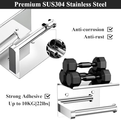 Tindbea Toilet Paper Holder with Phone Shelf, Adhesive or Screw Wall Mount Toilet Tissue Roll Holder, Rustproof & Multifunctional Stainless Steel Bathroom Storage Dispenser (Polished Chrome)