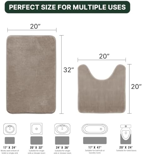 H.VERSAILTEX Bath Mat Memory Foam Bathroom Rug Flannel Velvety Luxury Extra Soft and Absorbent Non Slip Rugs for Bathroom/Bedroom Washable (Curved Set 20"x 32" Plus 20"x 20"U, Taupe)